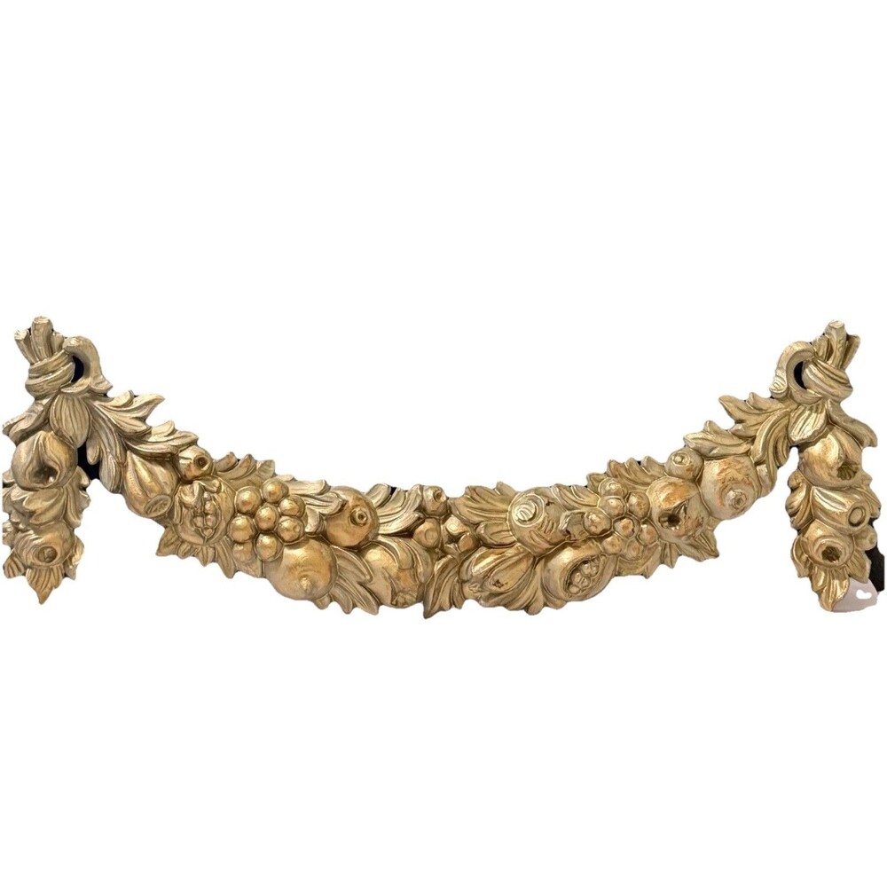 VTG Hollywood Regency Gold Gilt Floral Fruit Swag Pediment Italy Resin French